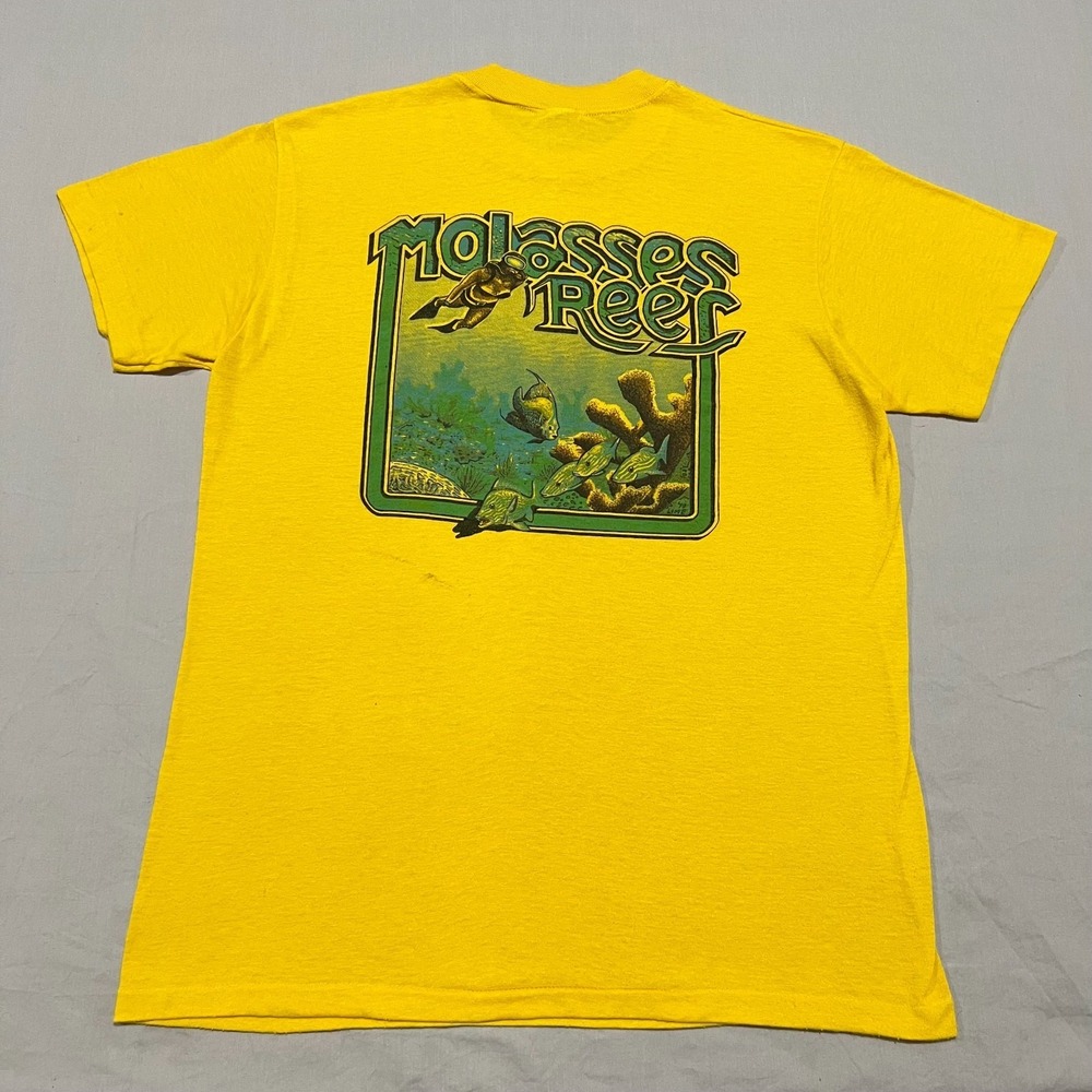 Vintage 70s 80s Mens Yellow John Pennekamp Molasses Reef Graphic T-Shirt L